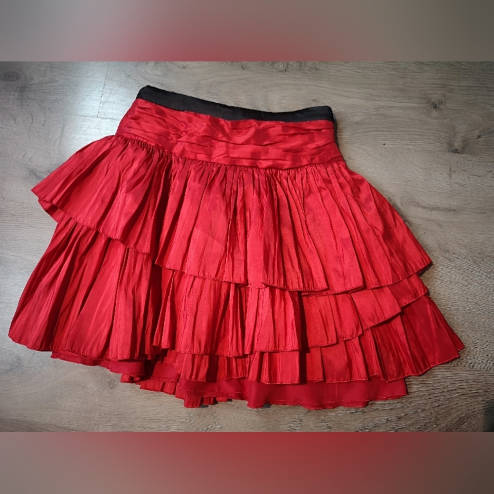 Upcycled Boho RED Skirt, Pleated Shirred Taffeta Mini